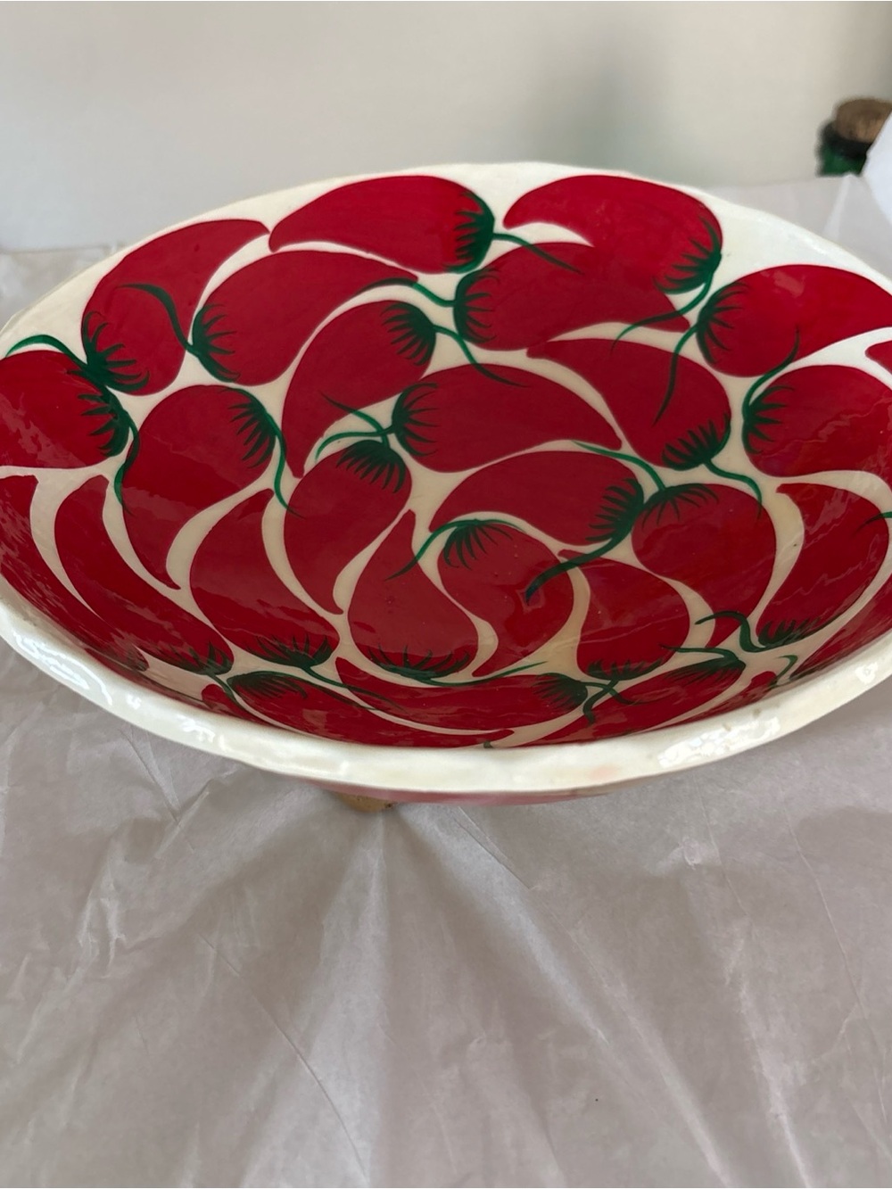 Hand Painted Chili Pepper SpicyCeramic Tripod Footed Bowl Folk Art Decor 9.5 “